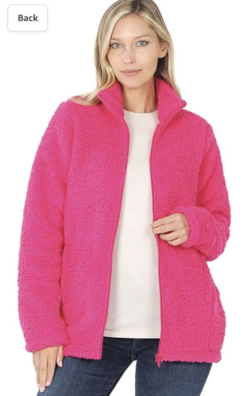 Zenana bright pink fluffy teddy zip up Turtleneck jacket with pockets